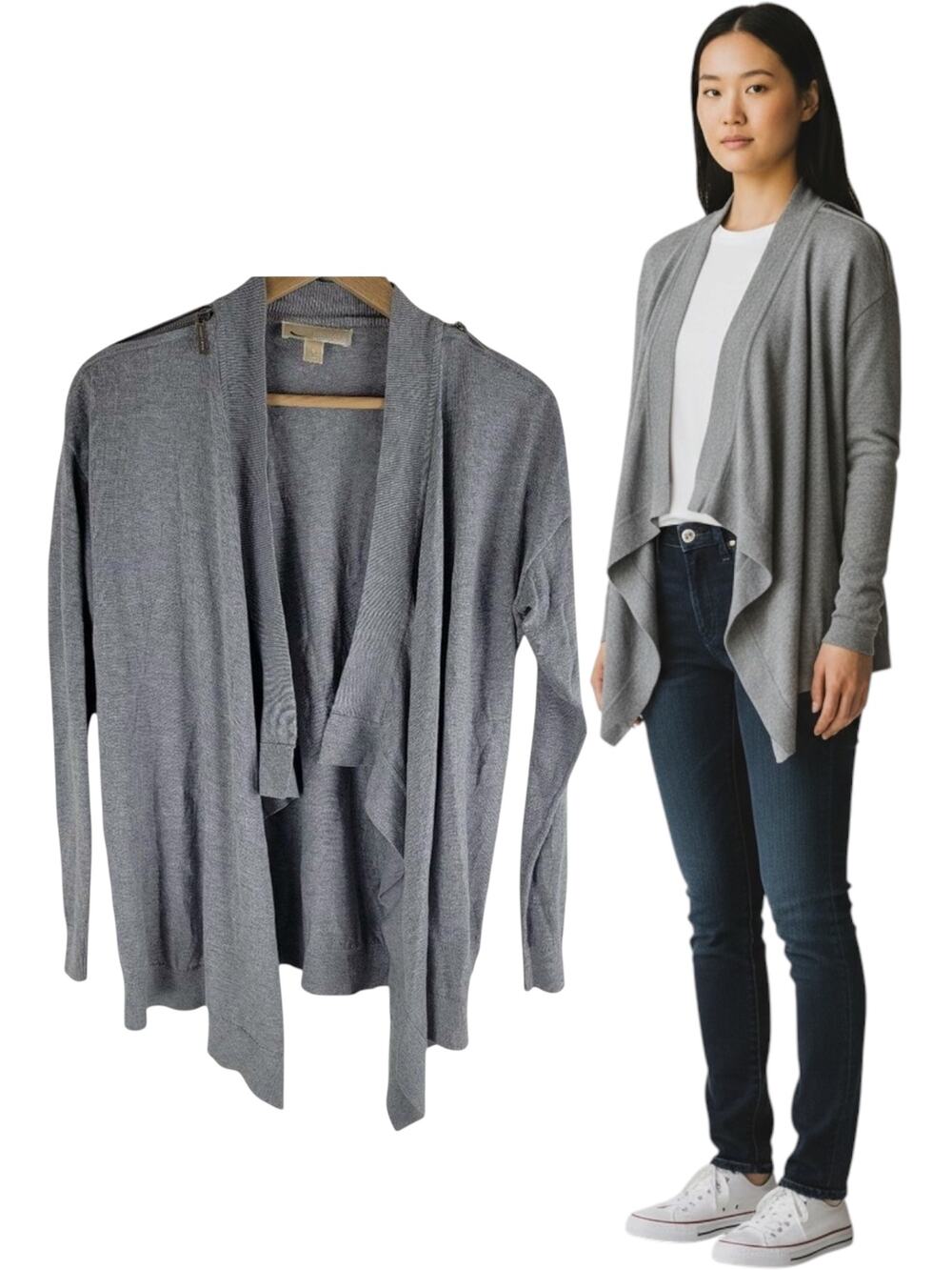 Michael Kors Zip Shoulder Fly Away Cardigan Gray Long Sleeve Gray Size S